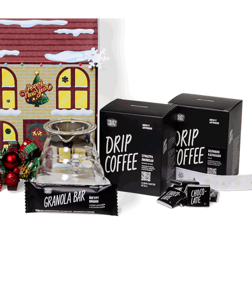 Кофейный новогодний подарок: сервировочный чайник, 2 коробки дрипов, гранола и шоколад