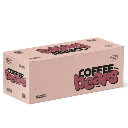 Кофейный мармелад мишки COFFEE BEARS на основе экстракта Бэрри Яркая розовая упаковка кофейного мармелада COFFEE BEARS от TATTE с жевательными мишками