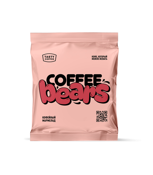 Кофейный мармелад мишки COFFEE BEARS на основе экстракта Бэрри Яркая розовая упаковка кофейного мармелада COFFEE BEARS от TATTE с жевательными мишками