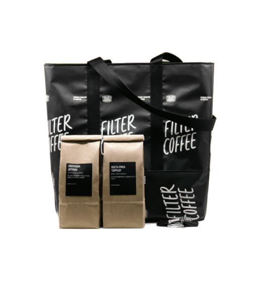 Удобный подарок — чёрная сумка-шоппер и два кофе