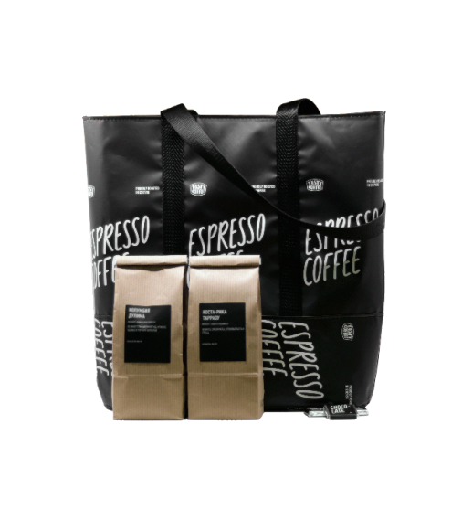 Практичный подарок — чёрная сумка-шоппер и два кофе