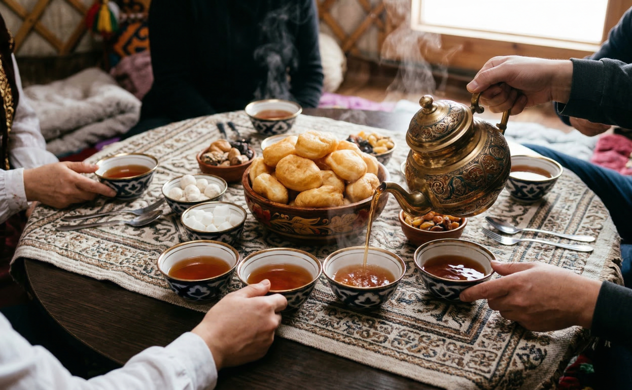 Традиционный казахский чай и баурсаки